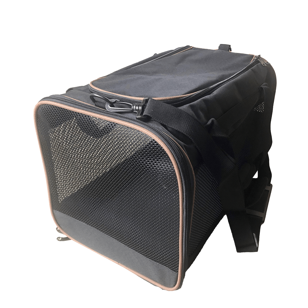 carry'em cat carrier in black and pink trim closed at the front and top
