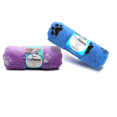 Profleece Vetbed pet bedding light blue with black paw print and lilac and white paw print