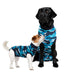 Suitical Recovery Suits for dogs starter pack showing a small Terrier and a black Labrador in blue camouflage suits