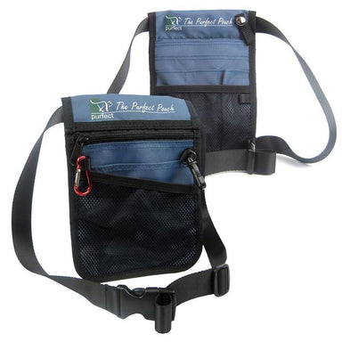 front and back view of a blue nurses pouch showing the various pockets, clips and belt