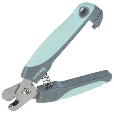 light blue and grey dog nail clippers open from the side showing the spring mechanism